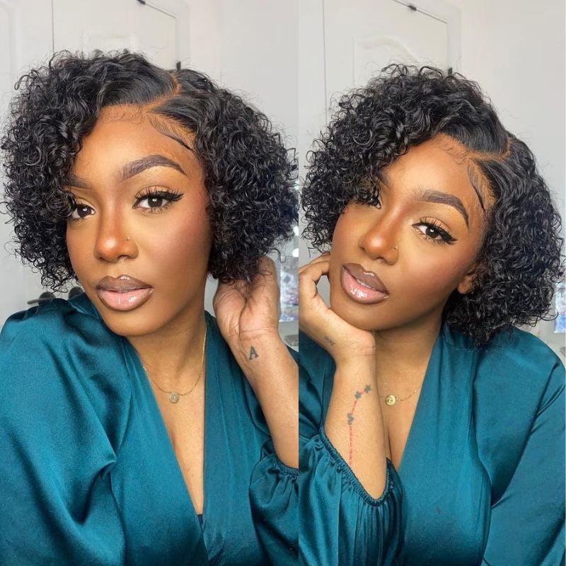 Short Curly Side Part 13x1 T Lace Bob Human Hair Wigs Pixie Cut