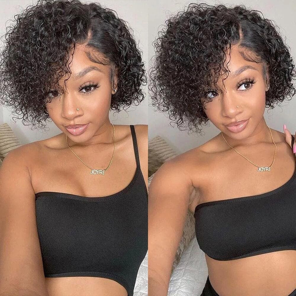 Short Curly Side Part 13x1 T Lace Bob Human Hair Wigs Pixie Cut