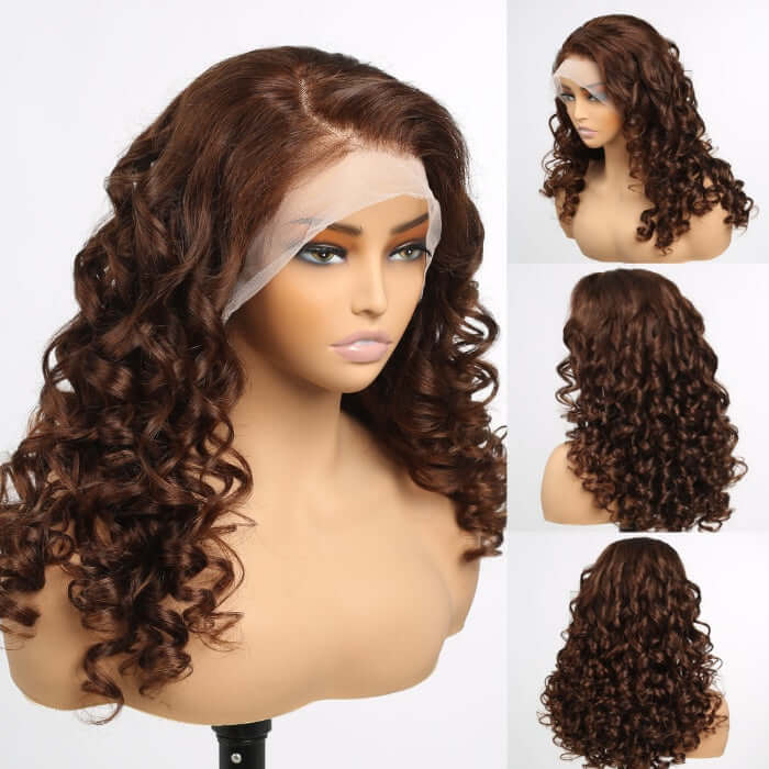 Spiral Curly #4 Dark Brown Pre-plucked Natural Hairline Glueless Human Hair Wig