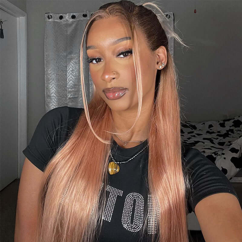 Champagne Rose Body Wave Human Hair with Brown Roots Color Hair Wigs
