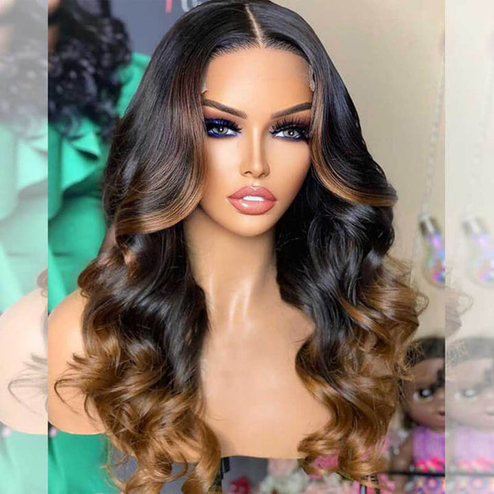 Ombre Brown Highlight Wavy Pre Plucked Lace Wigs