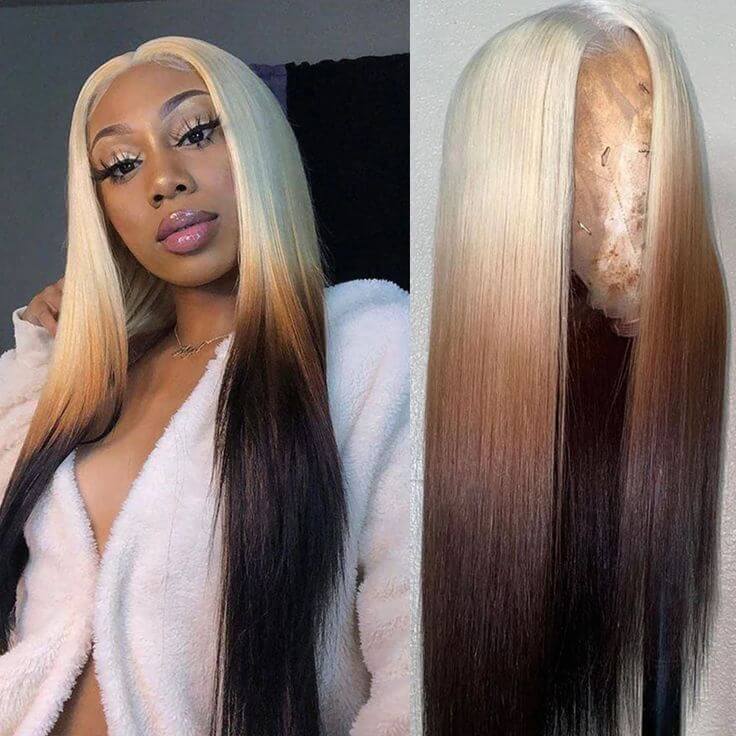 Blonde Brown Ombre Wig Bone Straight 13x4 Lace Front Human Hair Wigs