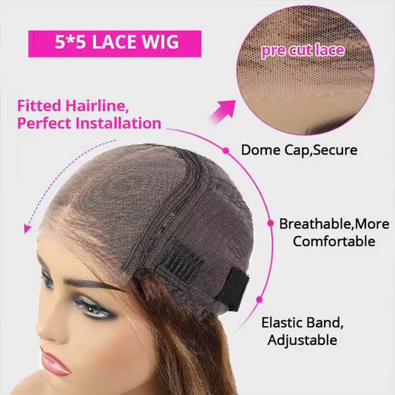 Ready To Wear Pre-Cut 4x6 Highlight Piano Color Straight Glueless Bob Wig with Pre Plucked Hairline & Bleached Knots