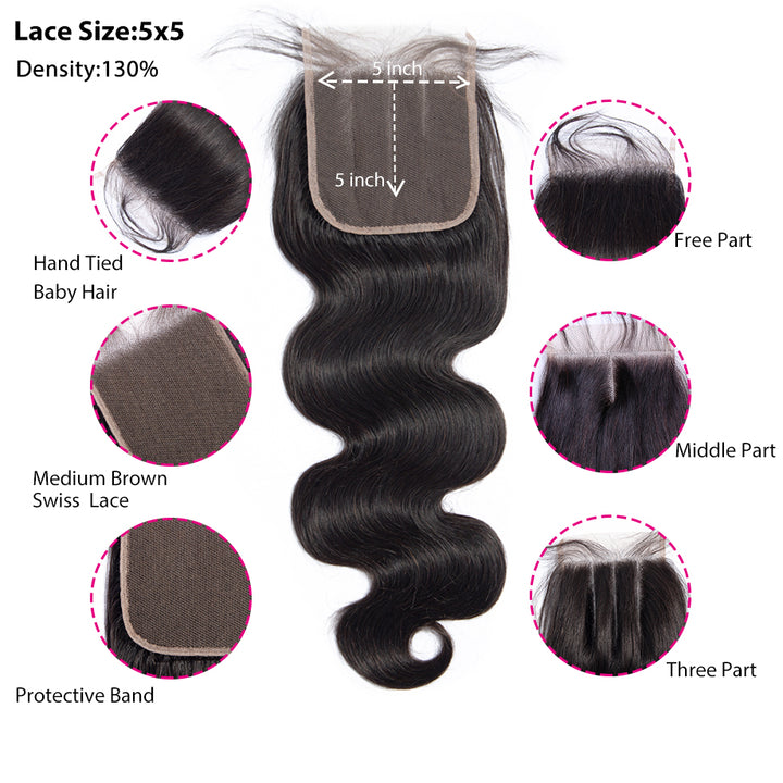 Brazilian Body Wave Bundles With 5×5 Closure 10A Grade 100% Human Remy Hair Bling Hair - Bling Hair