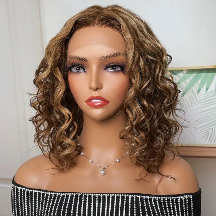 10 Inches Short Wavy Light Brown Lace Part Wig With Highlight And Bouncy Curls  | Special Perks