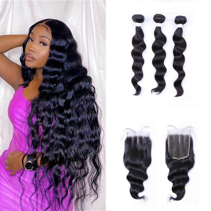 Indian Loose Deep 3 Bundles With 4×4 Closure 15A Grade 100% Human Virgin Hair Bling Hair