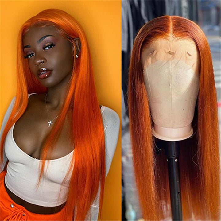Ginger Orange Straight Human Hair Transparent Lace Front Wig