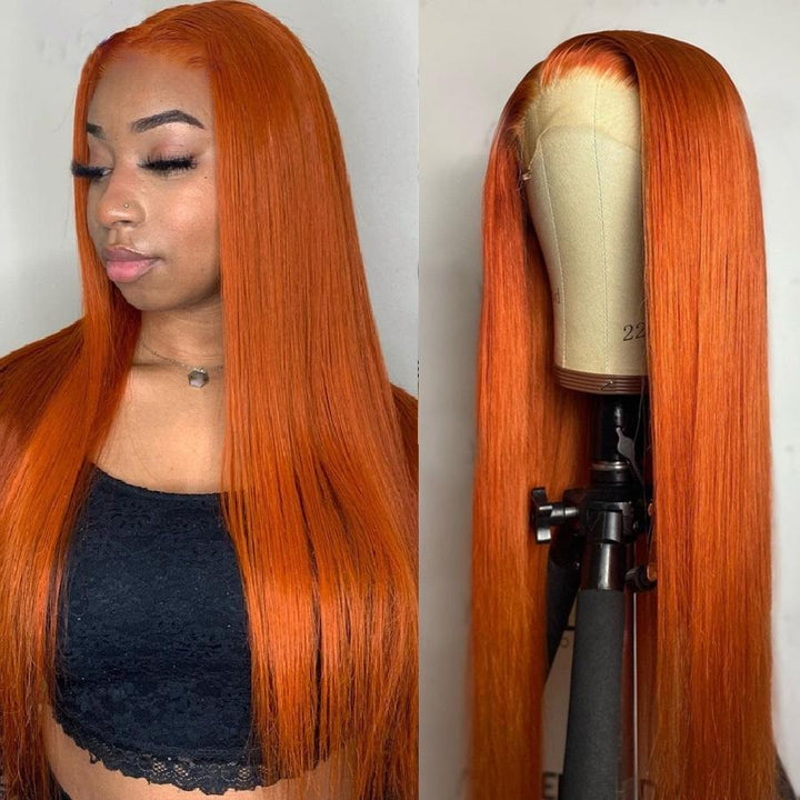 Ginger Orange Straight Human Hair Transparent Lace Front Wig