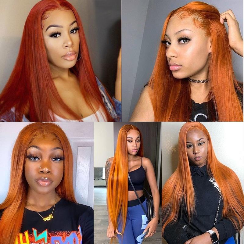 Ginger Orange Straight Human Hair Transparent Lace Front Wig