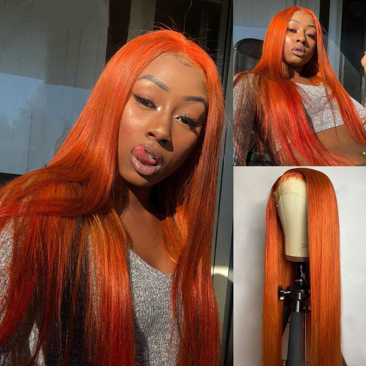 Ginger Orange Straight Human Hair Transparent Lace Front Wig