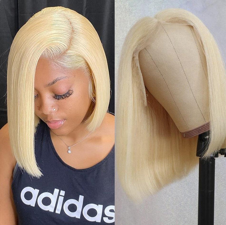 613 Blonde Short Bob Straight 13*4 Lace Front Human Hair Wigs 4*4 Lace Closure Wig