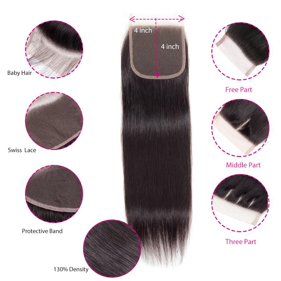 Straight 4 Bundles With 4×4 Closure Free Part 15A Grade 100% Human Virgin Hair Bling Hair