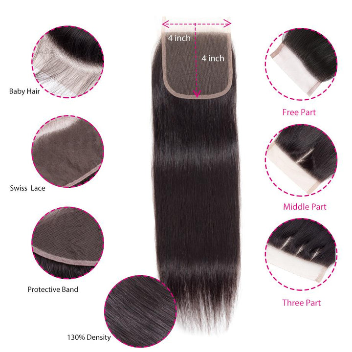 Straight 4 Bundles With 4×4 Closure Free Part 15A Grade 100% Human Virgin Hair Bling Hair