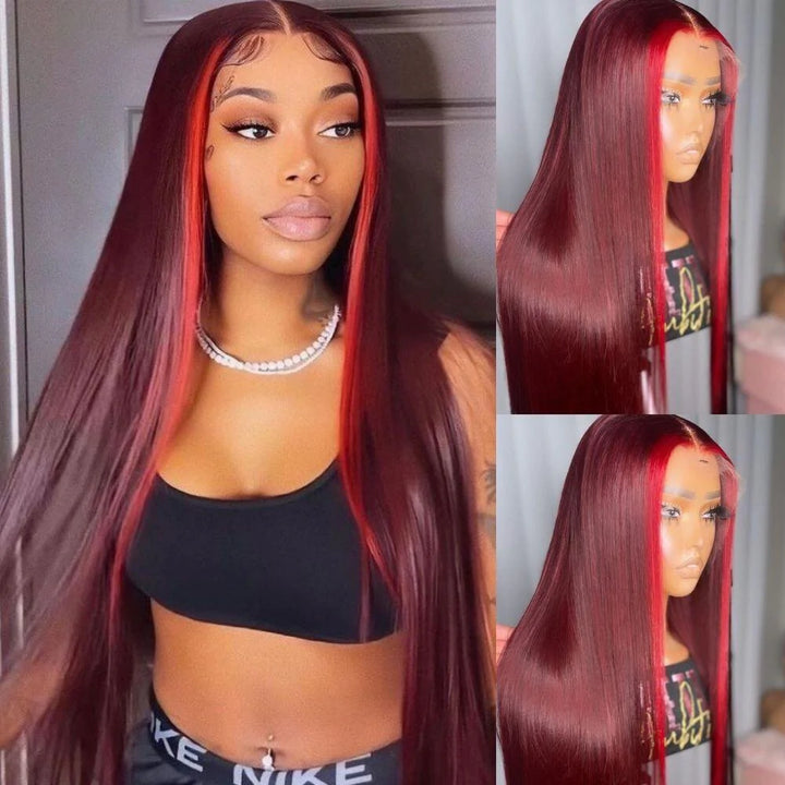 Highlights 99J Straight With Pink Lace Closure Wigs Ombre Burgundy Red Colored Lace Closure Wig With Baby Hair