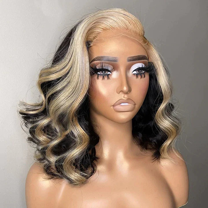 Skunk Stripe Highlight Blonde Color Double Drawn Hair 13*4 Transparent Lace Frontal Wig Short Style Wave Bob