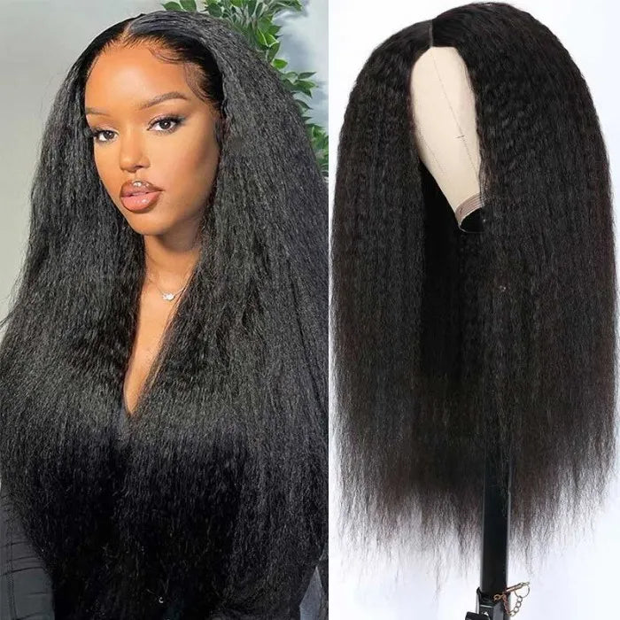 Thin V Part Wigs Glueless Kinky Straight Human Hair V Part Wig No Leave Out