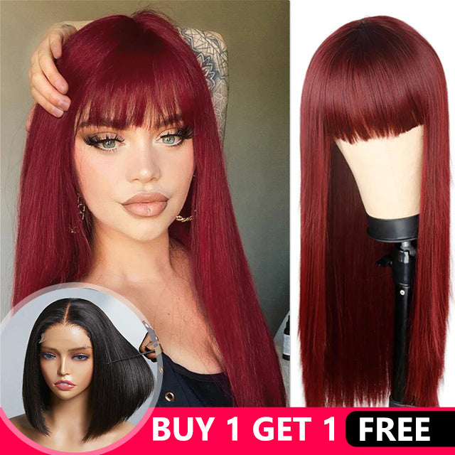 Burgundy Straight Wig Full Machine Made Scalp With Bangs #99j Remy Human Hair Wigs Plus 4x4 Straight Bob Wig