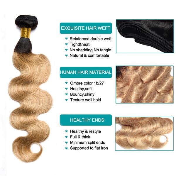 1B27 Body Wave 3 Bundles With 4×4 Closure 100% Virgin Hair Blinghair