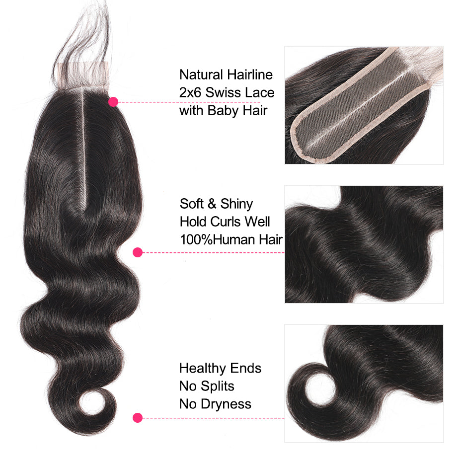 Body Wave Human Hair Closure 2*6  Lace Closure Natural Color bling hair - Bling Hair
