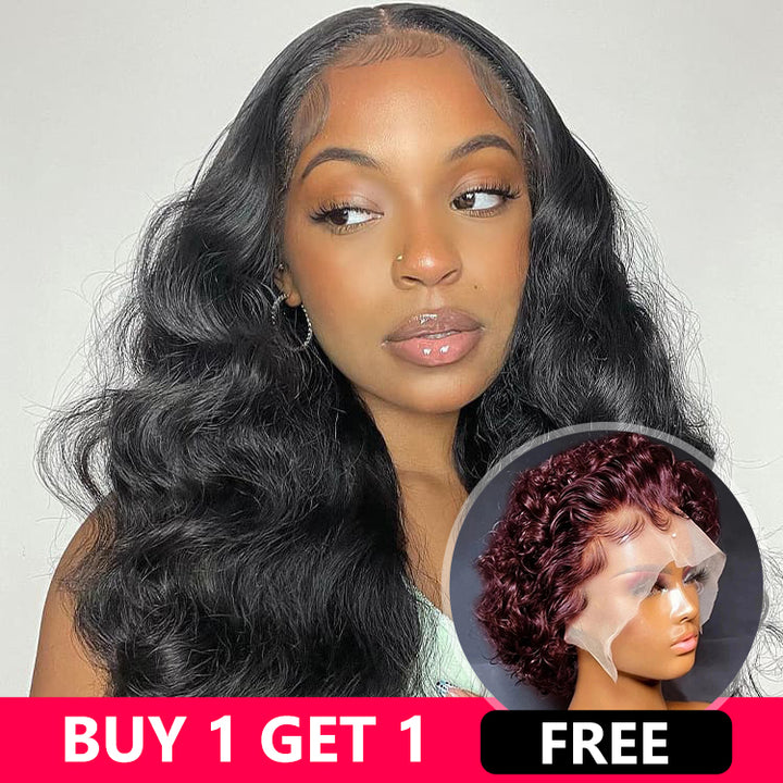 Buy One Get One Free 13x4 Frontal Body Wave Wig Plus 99J Curly Pixie Cut Wig