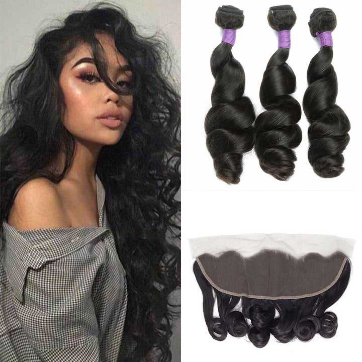 Loose Wave 3 Bundles With 13×4 Lace Frontal 10A Grade 100% Human Virgin Hair Bling Hair