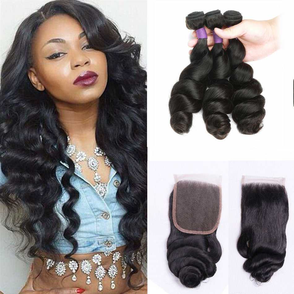 Malaysian Loose Wave Bundles With 4×4 Closure 10A Grade 100% Human Remy Hair Bling Hair - Bling Hair
