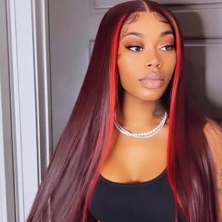 Highlights 99J Straight With Pink Lace Closure Wigs Ombre Burgundy Red Colored Lace Closure Wig With Baby Hair