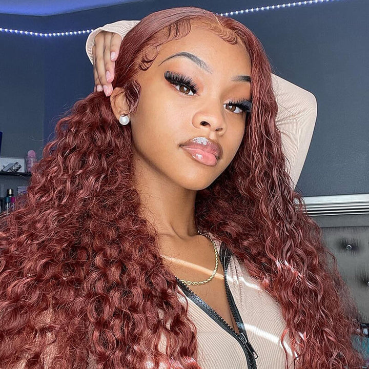 Water Wave Auburn Reddish Color Wig Transparent Lace Human Hair Wig