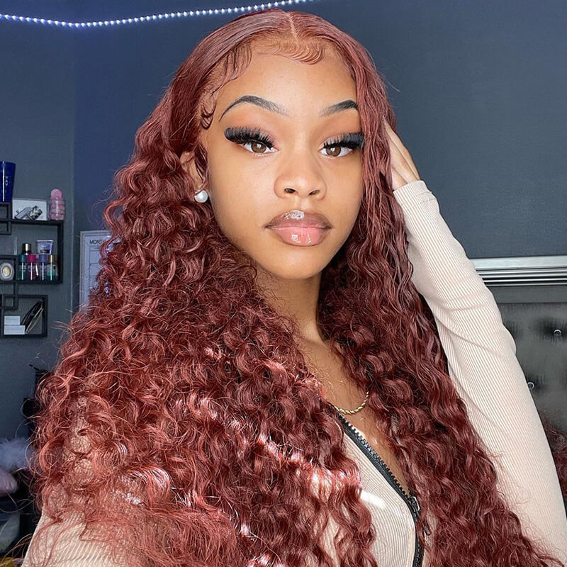Water Wave Auburn Reddish Color Wig Transparent Lace Human Hair Wig
