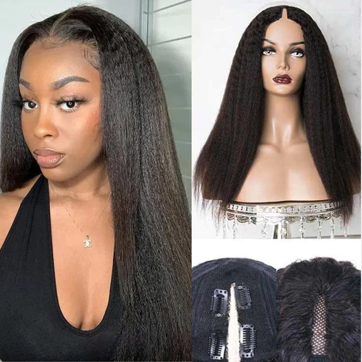 Thin V Part Wigs Glueless Kinky Straight Human Hair V Part Wig No Leave Out