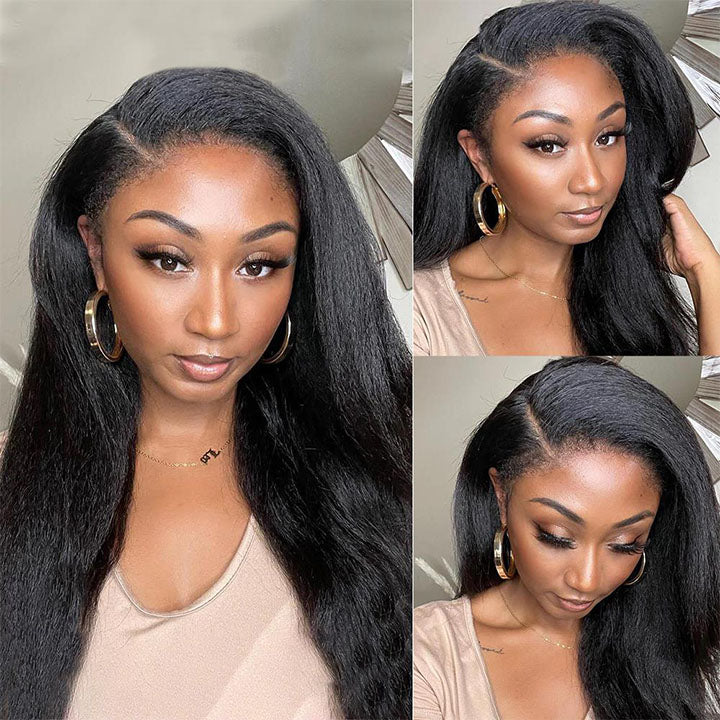 4c Hairline Lace Front Wig Kinky Straight Human Hair Wig With Curly Edge Pre Plucked Lace Front Wigs