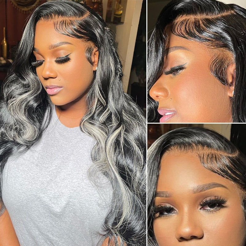 Platinum Blonde Highlight Human Hair Wigs 613 Ombre Half Black Hair Transparent Lace Front Wigs
