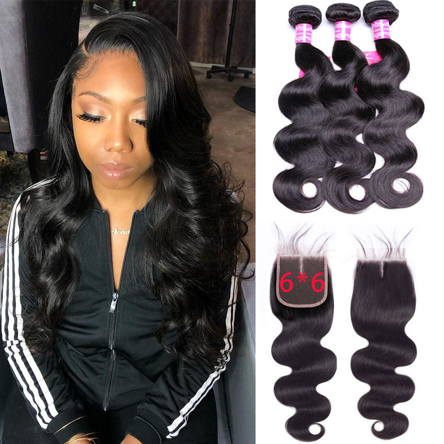 Brazilian Body Wave Hair Bundles With 6×6 Closure 10A Grade 100% Human Remy Hair Bling Hair - Bling Hair