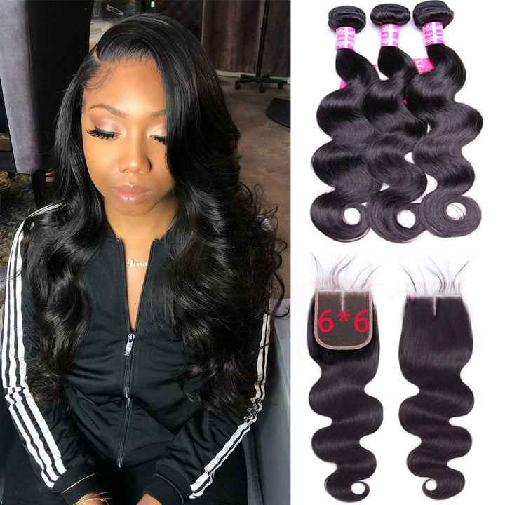 Brazilian Body Wave Hair Bundles With 6×6 Closure 10A Grade 100% Human Remy Hair Bling Hair - Bling Hair
