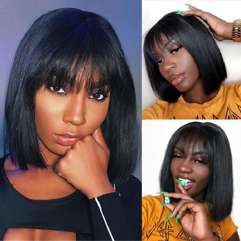 Straight Human Hair Short Bob Wig With Bangs Glueless Full Machine Made Fringe Wigs