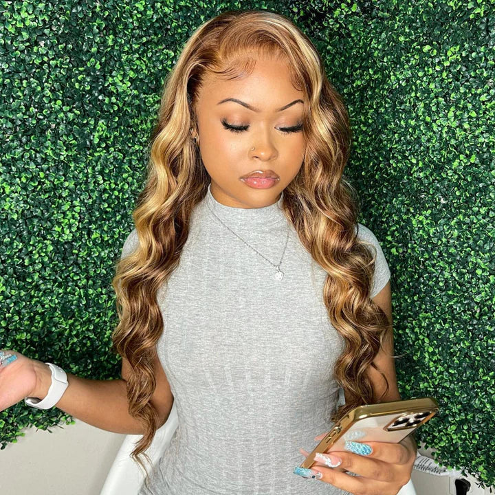body wave 13x4 HD Lace Front Body Wave Wig Honey Blonde Piano Highlights Transparent Human Hair Wigs 250% Density Free Part