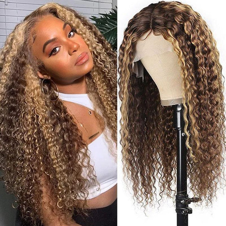 Bling Hair Honey Blonde Highlight Pre Plucked 13x4  / 4x4 Lace Wigs Ombre Color Long Curly Human Hair Wigs