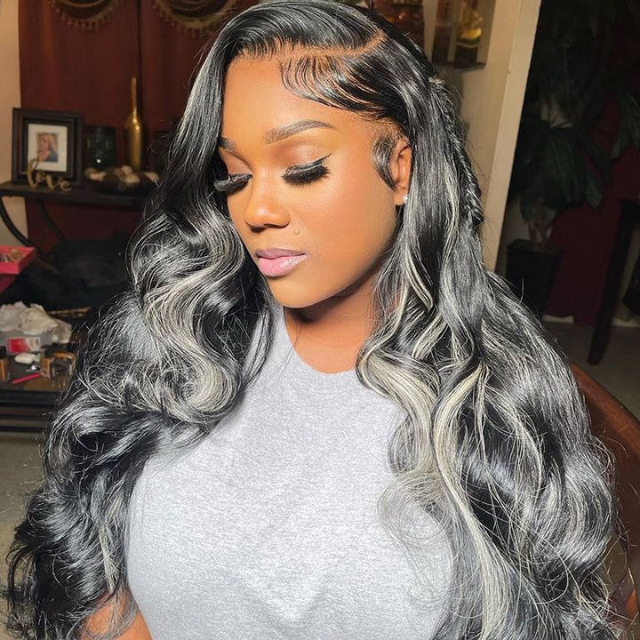 Platinum Blonde Highlight Human Hair Wigs 613 Ombre Half Black Hair Transparent Lace Front Wigs
