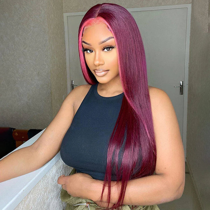 Highlights 99J Straight With Pink Lace Closure Wigs Ombre Burgundy Red Colored Lace Closure Wig With Baby Hair