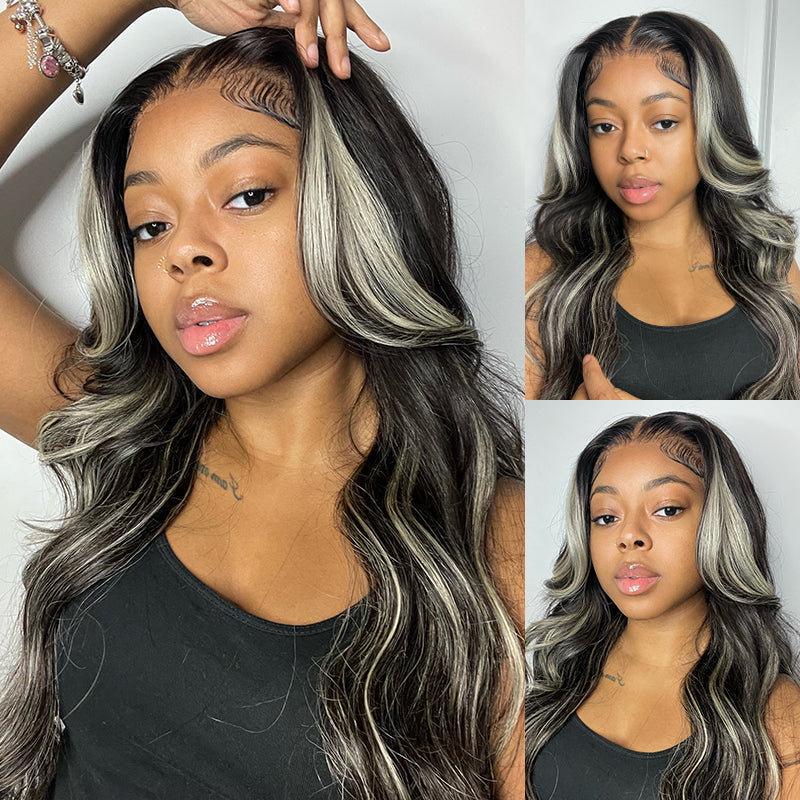 Platinum Blonde Highlight Human Hair Wigs 613 Ombre Half Black Hair Transparent Lace Front Wigs