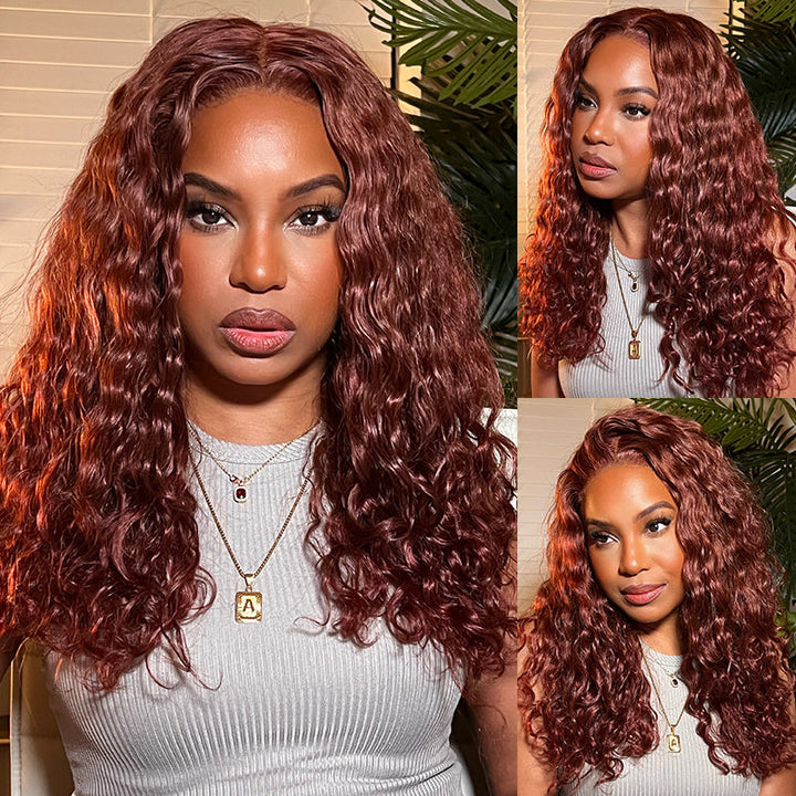 Water Wave Auburn Reddish Color Wig Transparent Lace Human Hair Wig