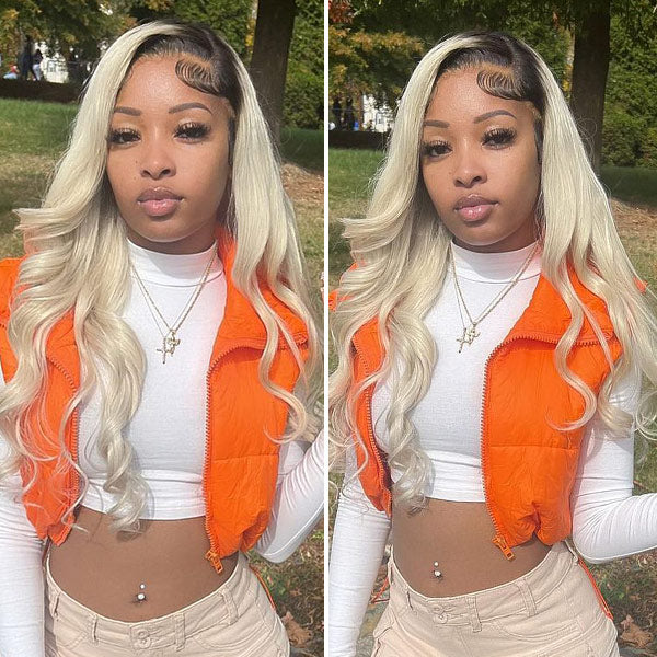 Body Wave Dark Roots Blonde 13x4 Lace Front Human Hair Wig 1B613 Color