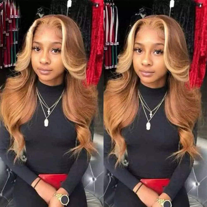 Honey Blonde Mix Brown Highlight Wigs 13x4 / 4x4 Transparent Lace Wigs Body Wave Virgin Hair Pre-Colored Human Hair