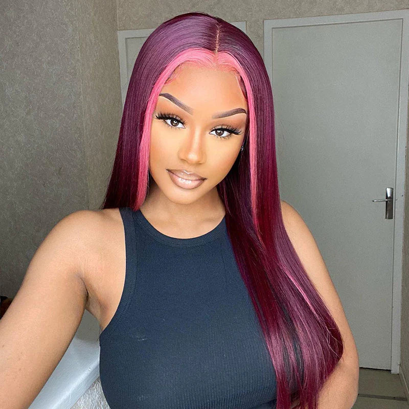 Highlights 99J Straight With Pink Lace Closure Wigs Ombre Burgundy Red Colored Lace Closure Wig With Baby Hair