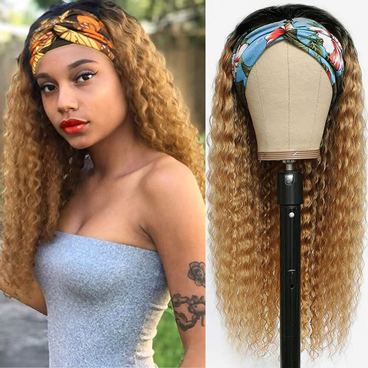 Ombre Deep Wave 1B27 Honey Blonde Human Hair Headband Wig with Dark Roots Glueless Colored Real Remy Hair Half Wigs