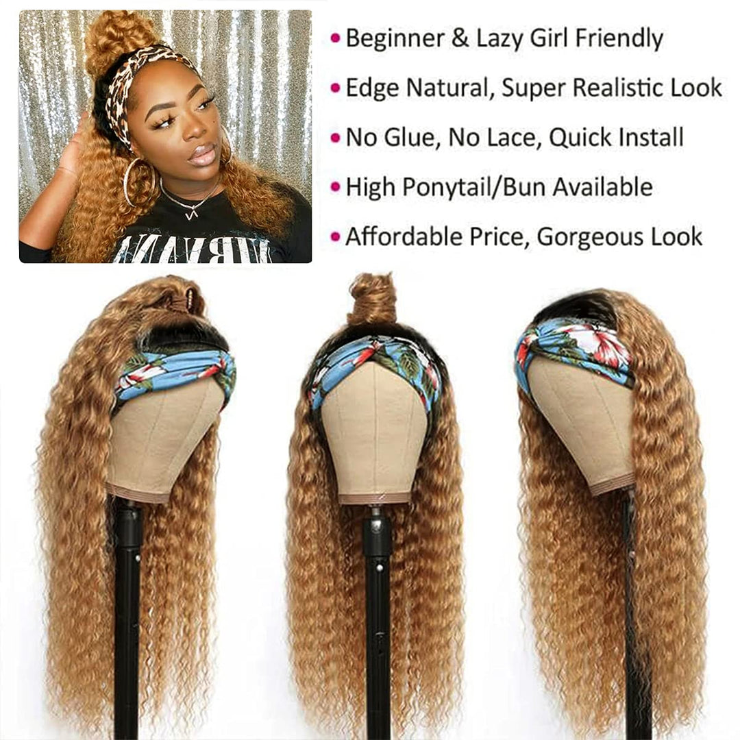 Ombre Deep Wave 1B27 Honey Blonde Human Hair Headband Wig with Dark Roots Glueless Colored Real Remy Hair Half Wigs
