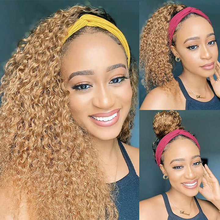 Ombre Deep Wave 1B27 Honey Blonde Human Hair Headband Wig with Dark Roots Glueless Colored Real Remy Hair Half Wigs