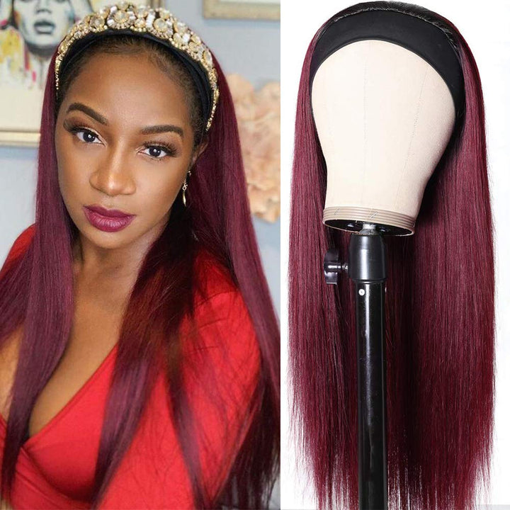 Brazilian Straight Wigs 99J Glueless Headband Wigs Human Hair Wigs 180% 220% Density Bling Hair