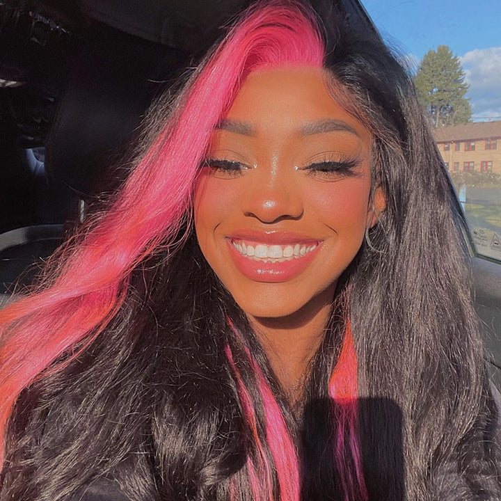 Hot Pink & Black Skunk Stripe Color Body Wave Wig Lace Front Wig