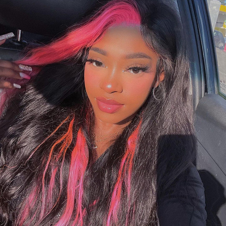 Hot Pink & Black Skunk Stripe Color Body Wave Wig Lace Front Wig